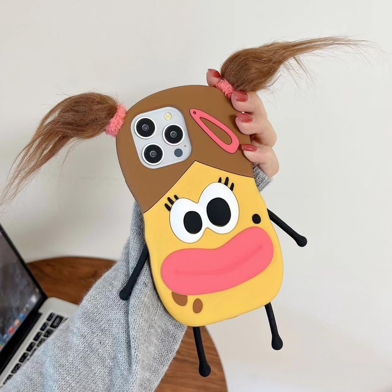 iPhone13 14 15Pro Super Thick Soft Silicone Shell,Ugly Three-Dimensional Big Eyes Sausage Mouth 3D Cartoon Interesting Interesting Cute Fashion Girl Phone Case Multicolor