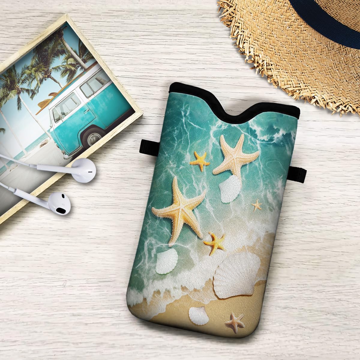 Universal Neoprene Cell Phone Pouch 7.1 X 4 in Mobile Protection Case Bag with Crossbody Strap/Neck Lanyard Beach Starfish Shells