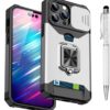 Compatible for iPhone 15 Pro TPU Case with Camera Protector | 360° Rotatable Ring Holder | Impact-Resistant Slide Len Cover | Magnetic Card Slots Stand Protective Shell with Stylus Pen | Purple