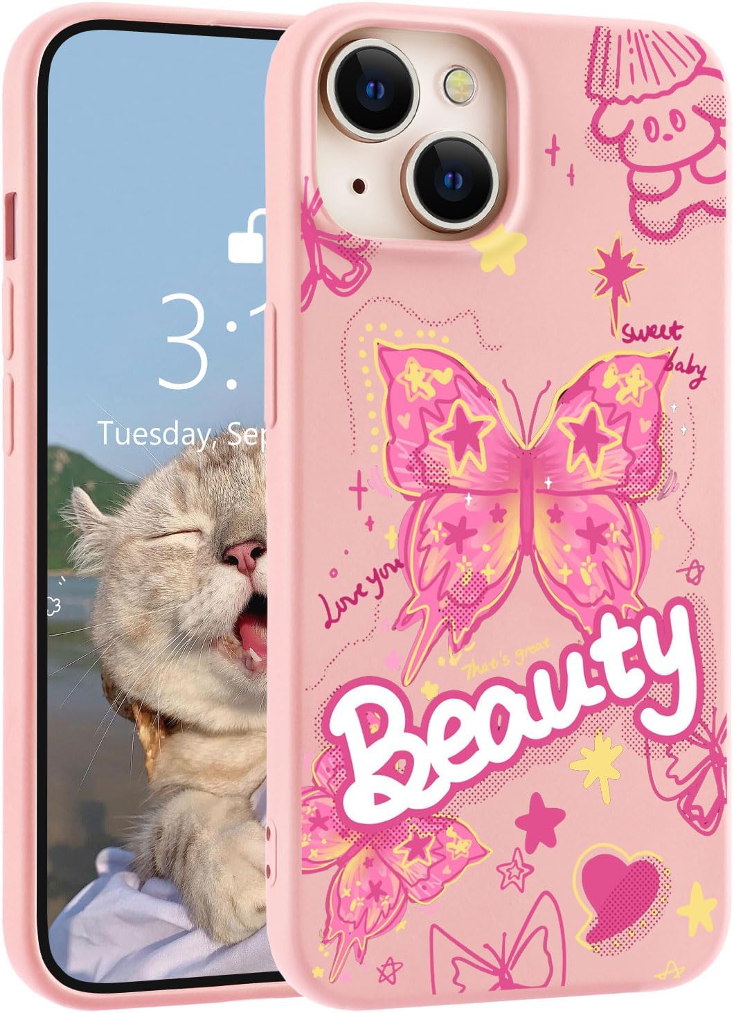 for iPhone 13 Case, Cute Kawaii Panda Pink Liquid Silicone Slim Fit Soft Gel Rubber Protective Phone Cover for Women Girls