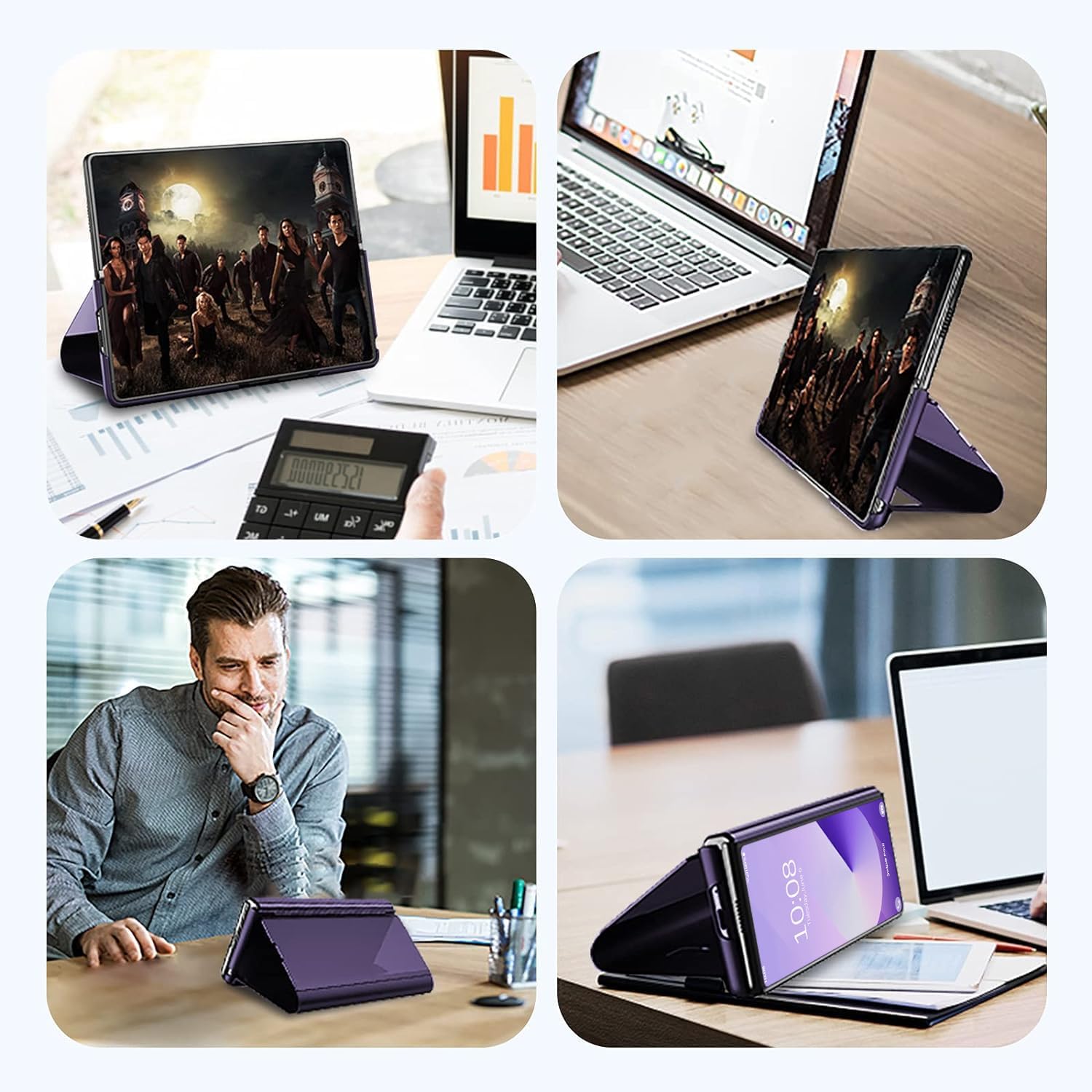 Galaxy Z Fold 6 Cover Cases Compatible with Samsung Z Fold 6 Flip Cell Phone Case Clear View Mirror Flip Cover PU Leather with Kickstand Protective Cover for Samsung Galaxy Z Fold 6 (Purple)