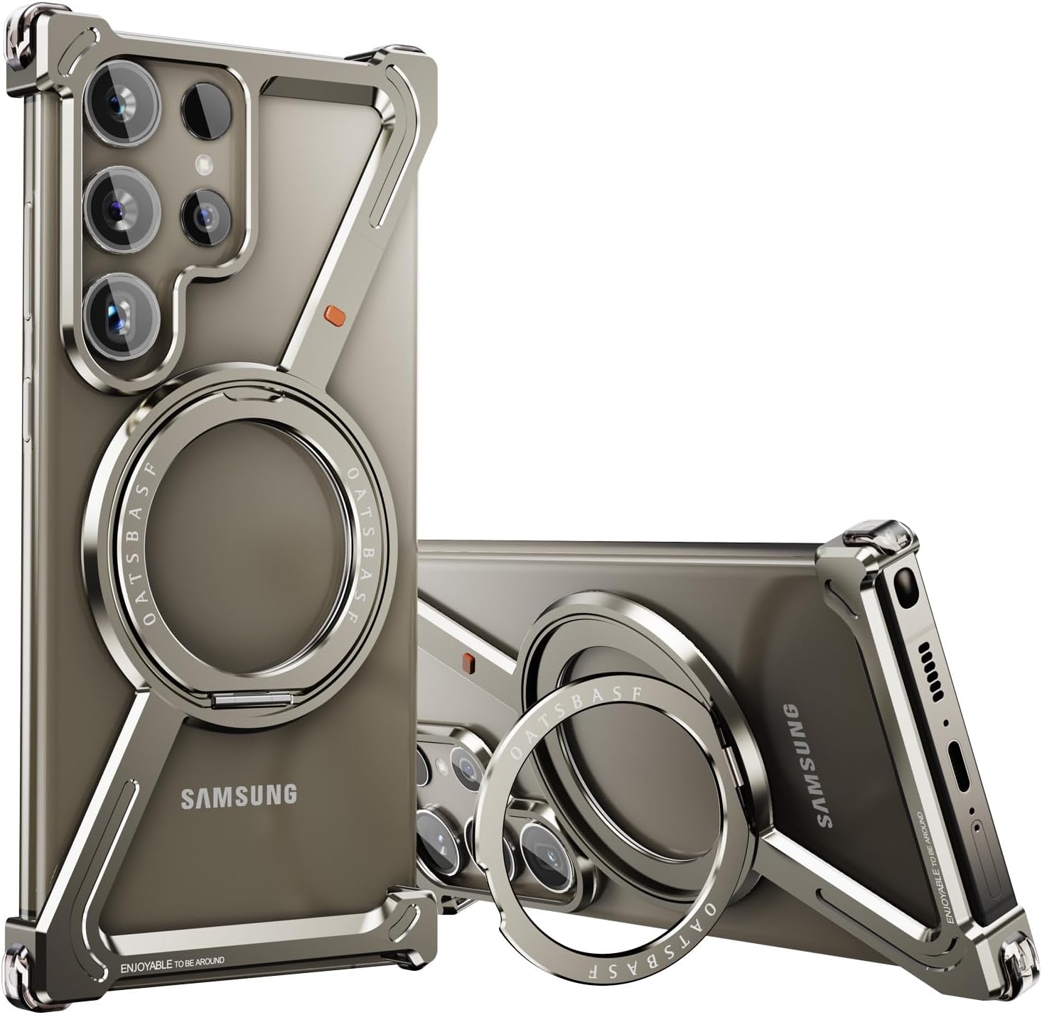 Innovatemee Minimalist Phone Case Compatible with Samsung Galaxy S24 Ultra, 360° Rotation Kickstand Aluminum Metal Frameless Design Bumper Case, Protective Shock Grade Shell, Natural Titanium