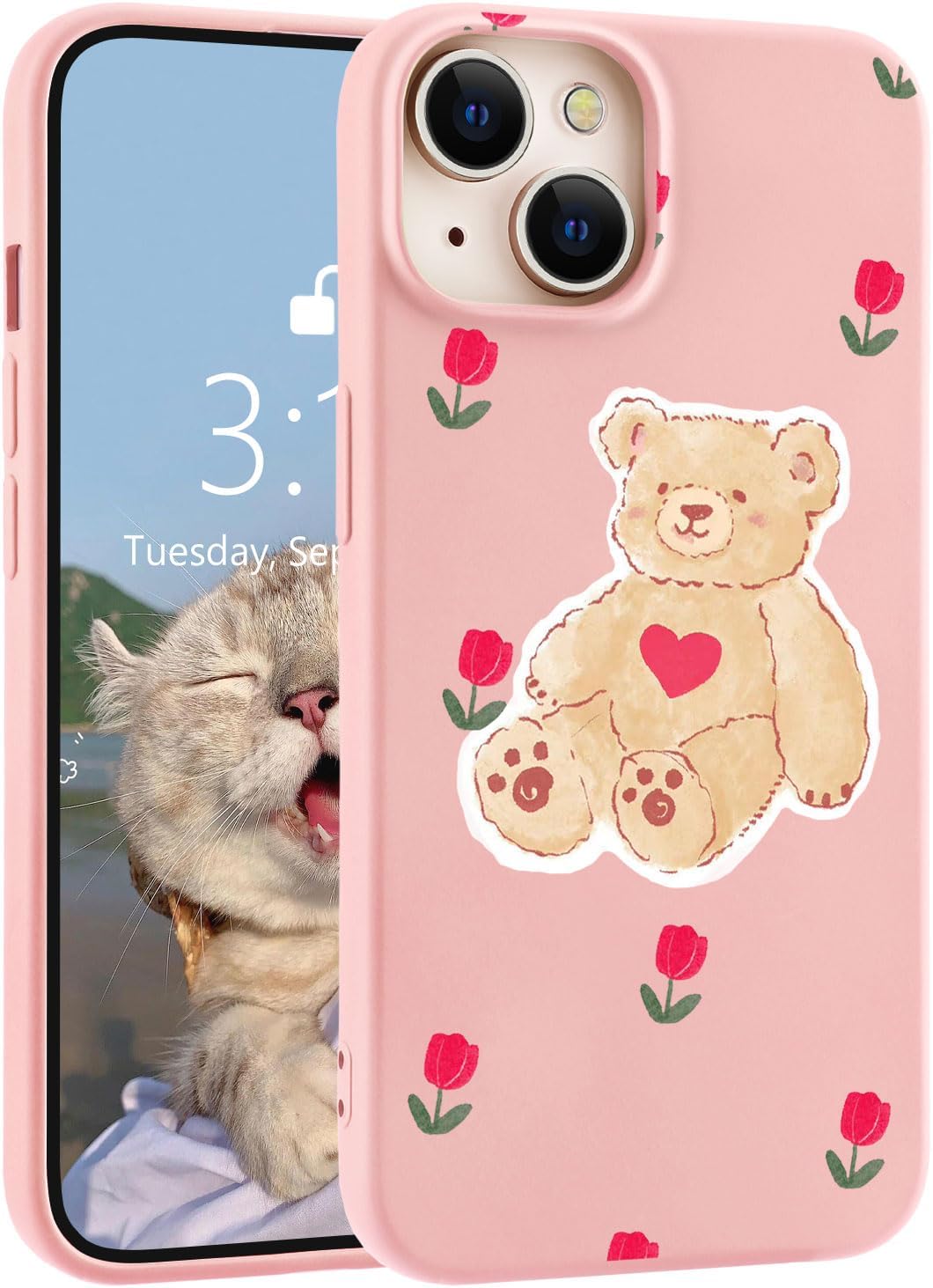for iPhone 13 Case, Cute Kawaii Panda Pink Liquid Silicone Slim Fit Soft Gel Rubber Protective Phone Cover for Women Girls