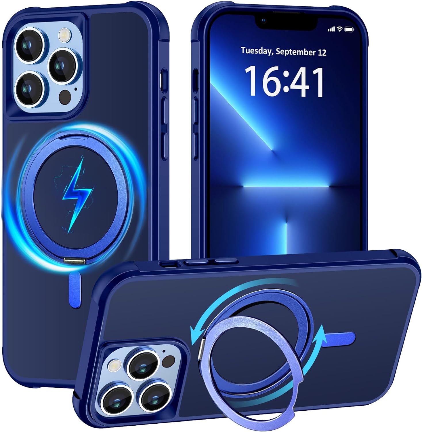 Magnetic for iPhone 13 case/iPhone 14 Case 【Compatible with Magsafe】 with 360°Rotatable Invisible Ring Stand【Military Grade Shockproof】 Matte Back Soft Edge Phone Cover 6.1", Black