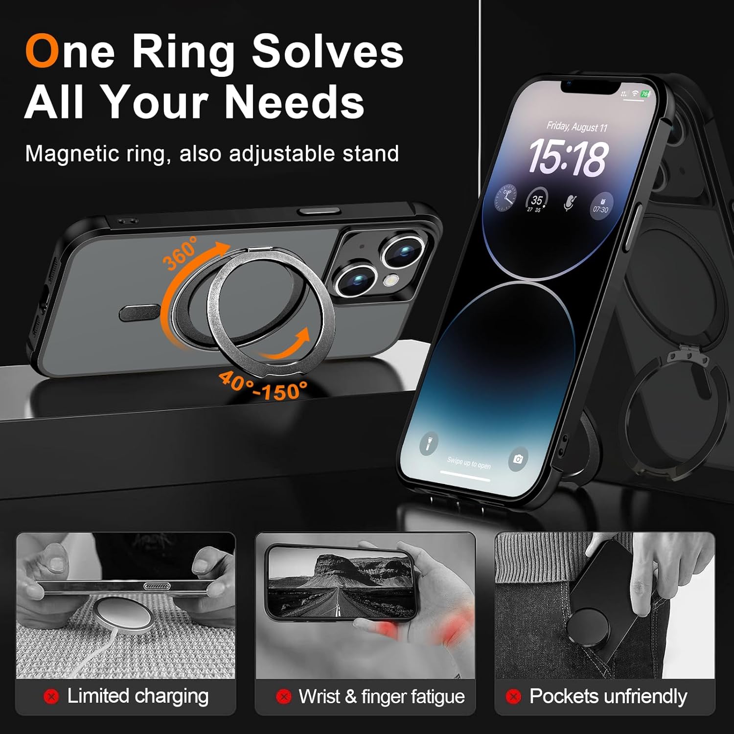 Magnetic for iPhone 13 case/iPhone 14 Case 【Compatible with Magsafe】 with 360°Rotatable Invisible Ring Stand【Military Grade Shockproof】 Matte Back Soft Edge Phone Cover 6.1", Black