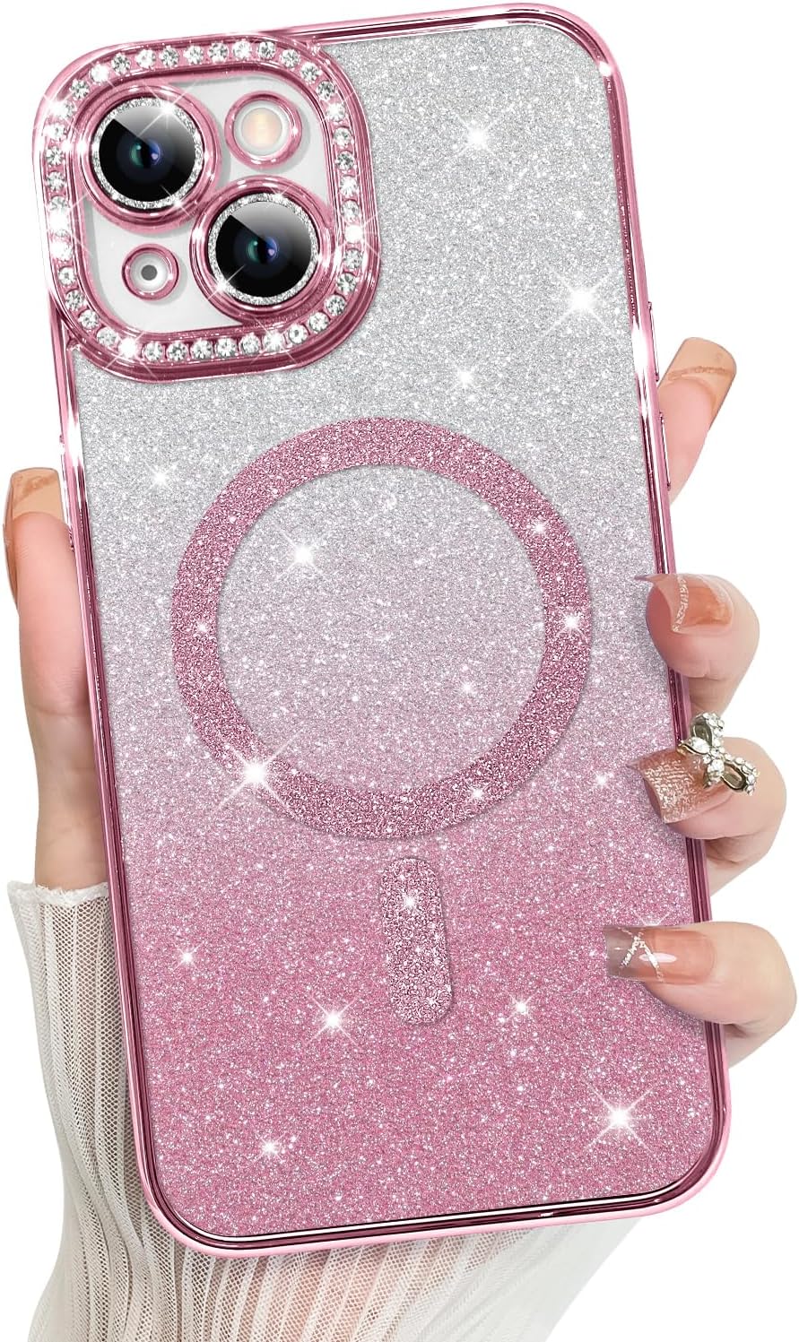 Innovatemee Compatible with iPhone 14 Case Plating Magnetic [Support for Magsafe] Bling Glitter Sparkly Back Diamond Camera Lens Cover Crystal Matte Luxury Case for Girls Women -Blue