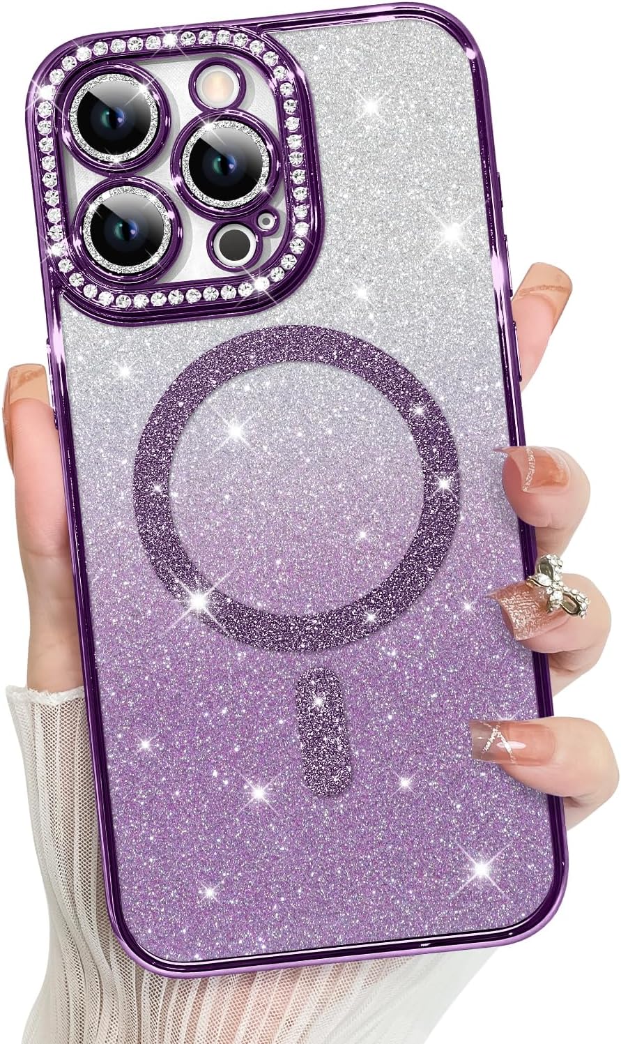 Innovatemee Compatible with iPhone 14 Case Plating Magnetic [Support for Magsafe] Bling Glitter Sparkly Back Diamond Camera Lens Cover Crystal Matte Luxury Case for Girls Women -Blue