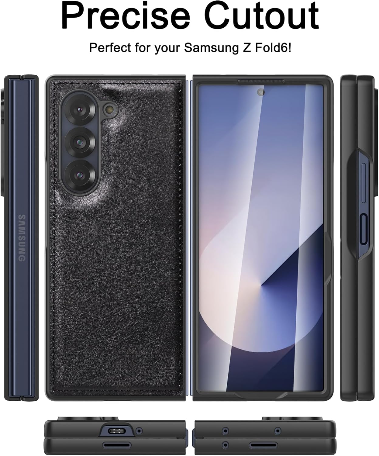 Foluu Case for Samsung Galaxy Z Fold 6, with Front Built-in Screen Protector, PU Leather + Hard PC Shell Ultra Thin Slim Durable Protective Phone Cover for Samsung Galaxy Z Fold6 5G 2024 (Black)