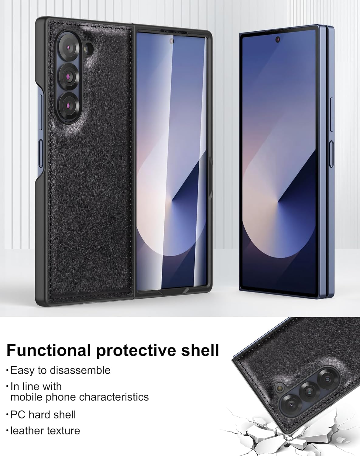 Foluu Case for Samsung Galaxy Z Fold 6, with Front Built-in Screen Protector, PU Leather + Hard PC Shell Ultra Thin Slim Durable Protective Phone Cover for Samsung Galaxy Z Fold6 5G 2024 (Black)