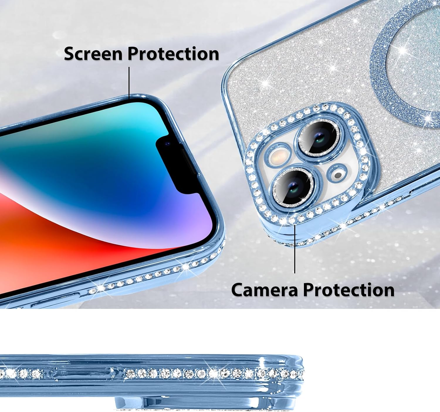 Innovatemee Compatible with iPhone 14 Case Plating Magnetic [Support for Magsafe] Bling Glitter Sparkly Back Diamond Camera Lens Cover Crystal Matte Luxury Case for Girls Women -Blue