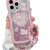 Compatible with iPhone 15plus case, cute wavy edge shell, kawaii strawberry, floral pattern with cute bracelet, made of soft, eco-friendly and durable TPU material, suitable for women and girls