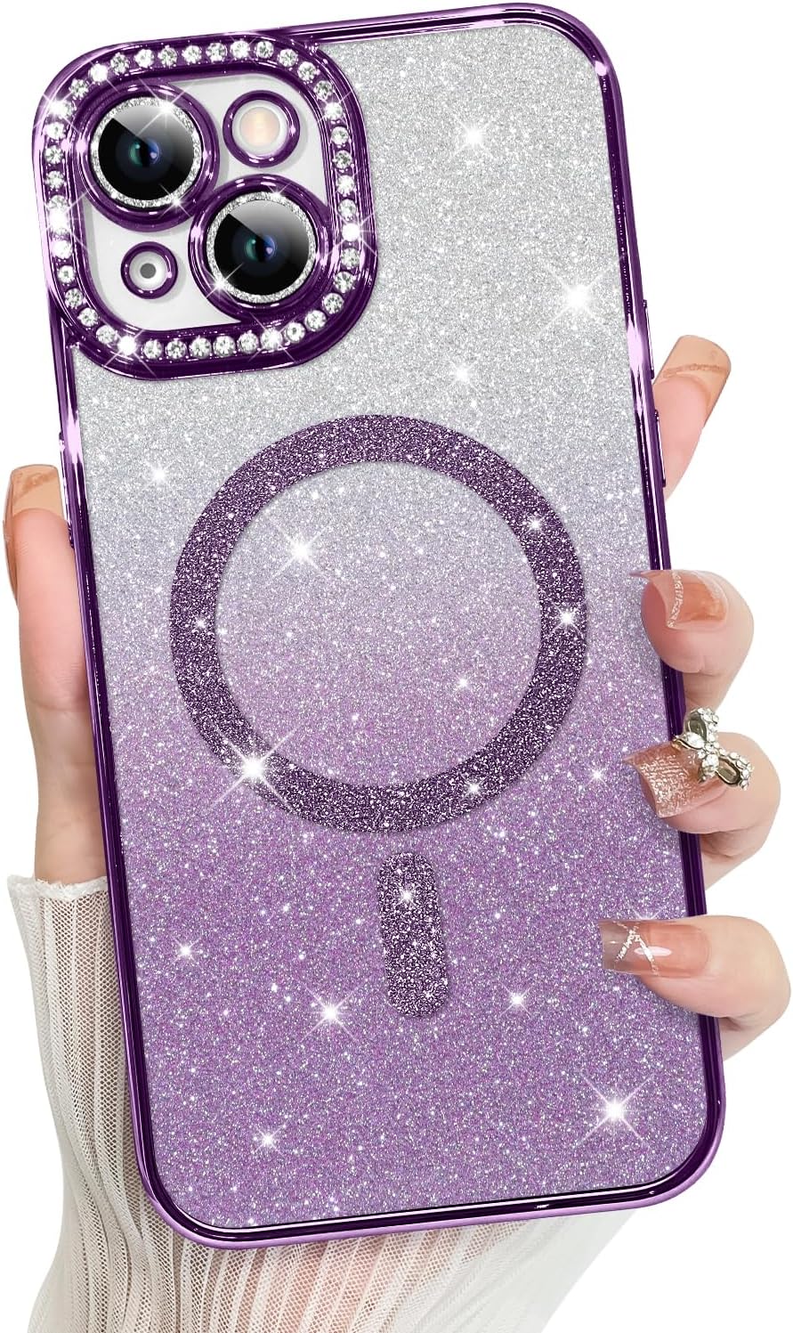 Innovatemee Compatible with iPhone 14 Case Plating Magnetic [Support for Magsafe] Bling Glitter Sparkly Back Diamond Camera Lens Cover Crystal Matte Luxury Case for Girls Women -Blue