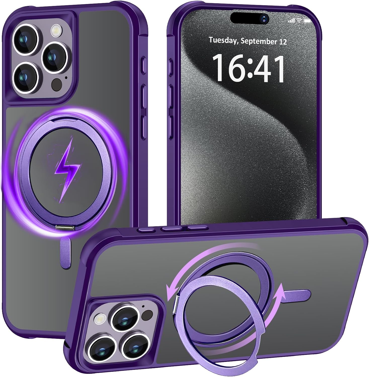 Magnetic for iPhone 13 case/iPhone 14 Case 【Compatible with Magsafe】 with 360°Rotatable Invisible Ring Stand【Military Grade Shockproof】 Matte Back Soft Edge Phone Cover 6.1", Black