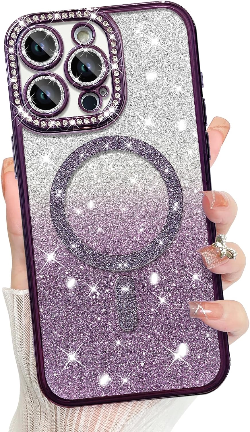 Innovatemee Compatible with iPhone 14 Case Plating Magnetic [Support for Magsafe] Bling Glitter Sparkly Back Diamond Camera Lens Cover Crystal Matte Luxury Case for Girls Women -Blue