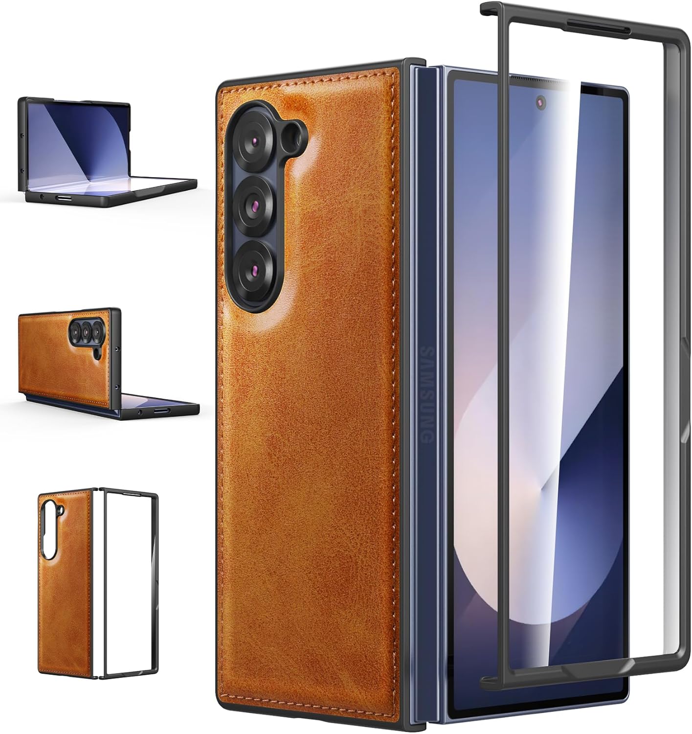 Foluu Case for Samsung Galaxy Z Fold 6, with Front Built-in Screen Protector, PU Leather + Hard PC Shell Ultra Thin Slim Durable Protective Phone Cover for Samsung Galaxy Z Fold6 5G 2024 (Black)