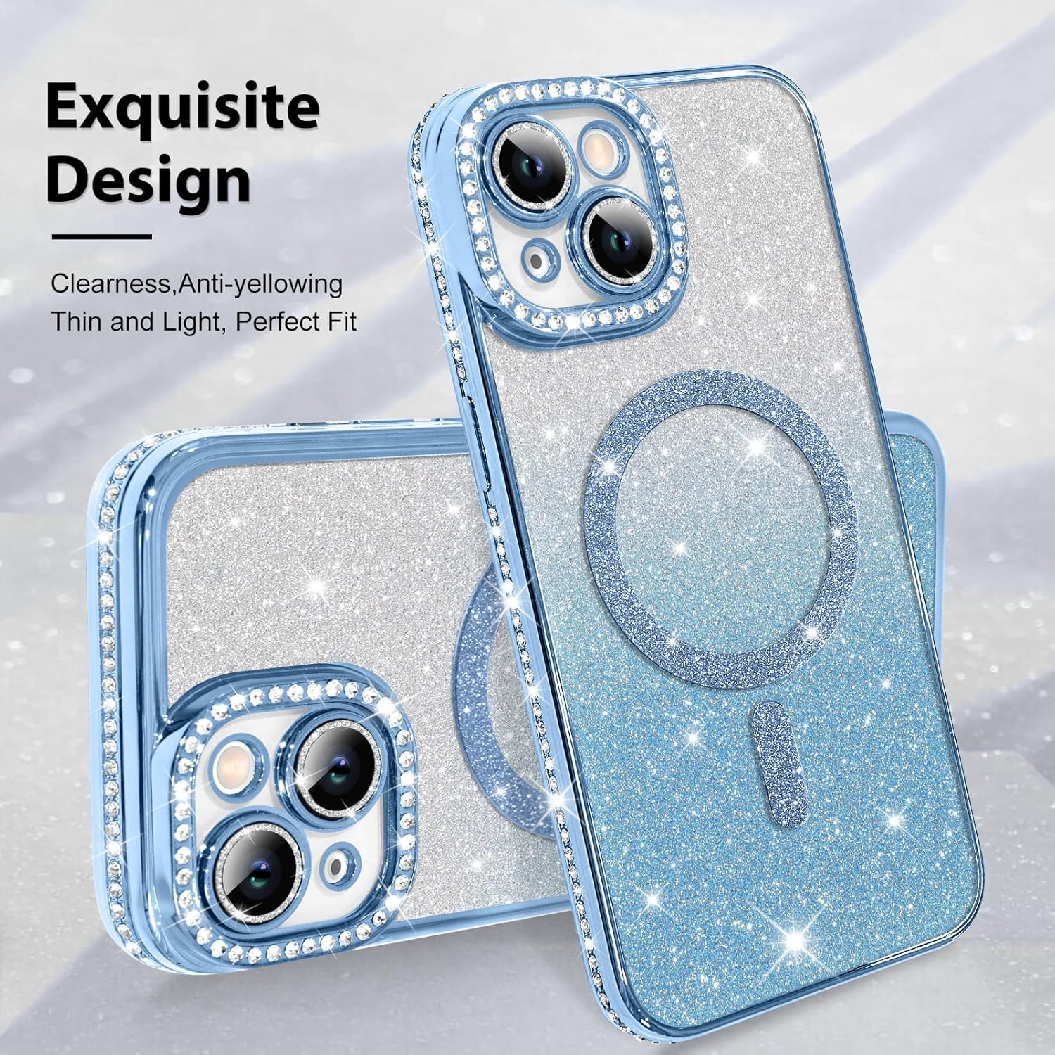 Innovatemee Compatible with iPhone 14 Case Plating Magnetic [Support for Magsafe] Bling Glitter Sparkly Back Diamond Camera Lens Cover Crystal Matte Luxury Case for Girls Women -Blue