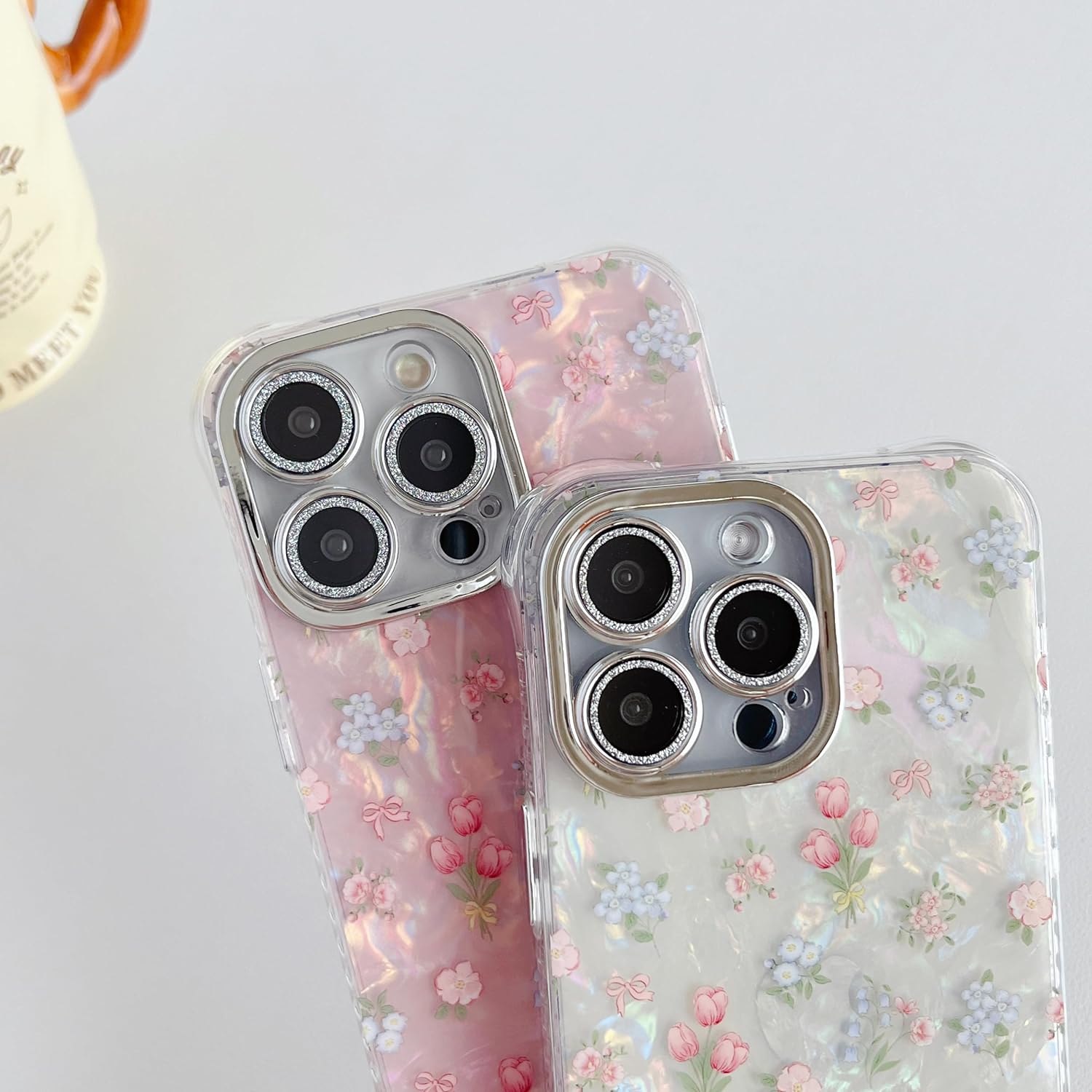 Cute Tulip Flowers Bow Shell Pattern Phone Case Compatible with iPhone Case (White,iPhone 14)