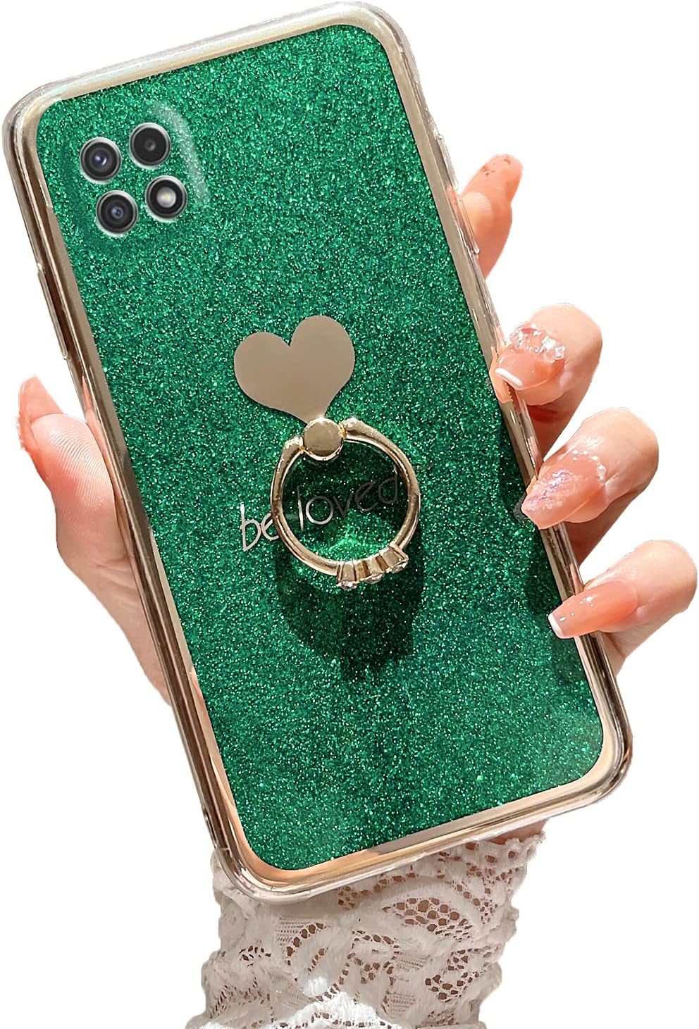 for Boost Mobile 5G 2021 Case (Not 5G Plus) Girls Women Cute Luxury Glitter Shell with Heart Ring Stand Slim Soft Shockproof Protective Cover for Samsung Galaxy A22 5G - Pink