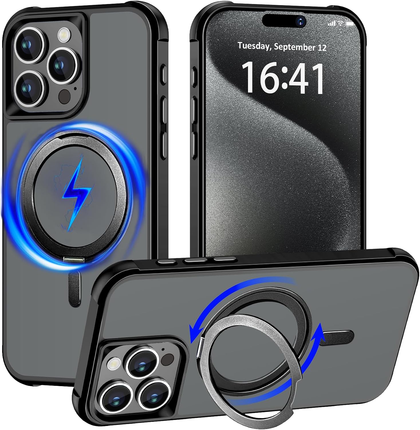 Magnetic for iPhone 13 case/iPhone 14 Case 【Compatible with Magsafe】 with 360°Rotatable Invisible Ring Stand【Military Grade Shockproof】 Matte Back Soft Edge Phone Cover 6.1", Black