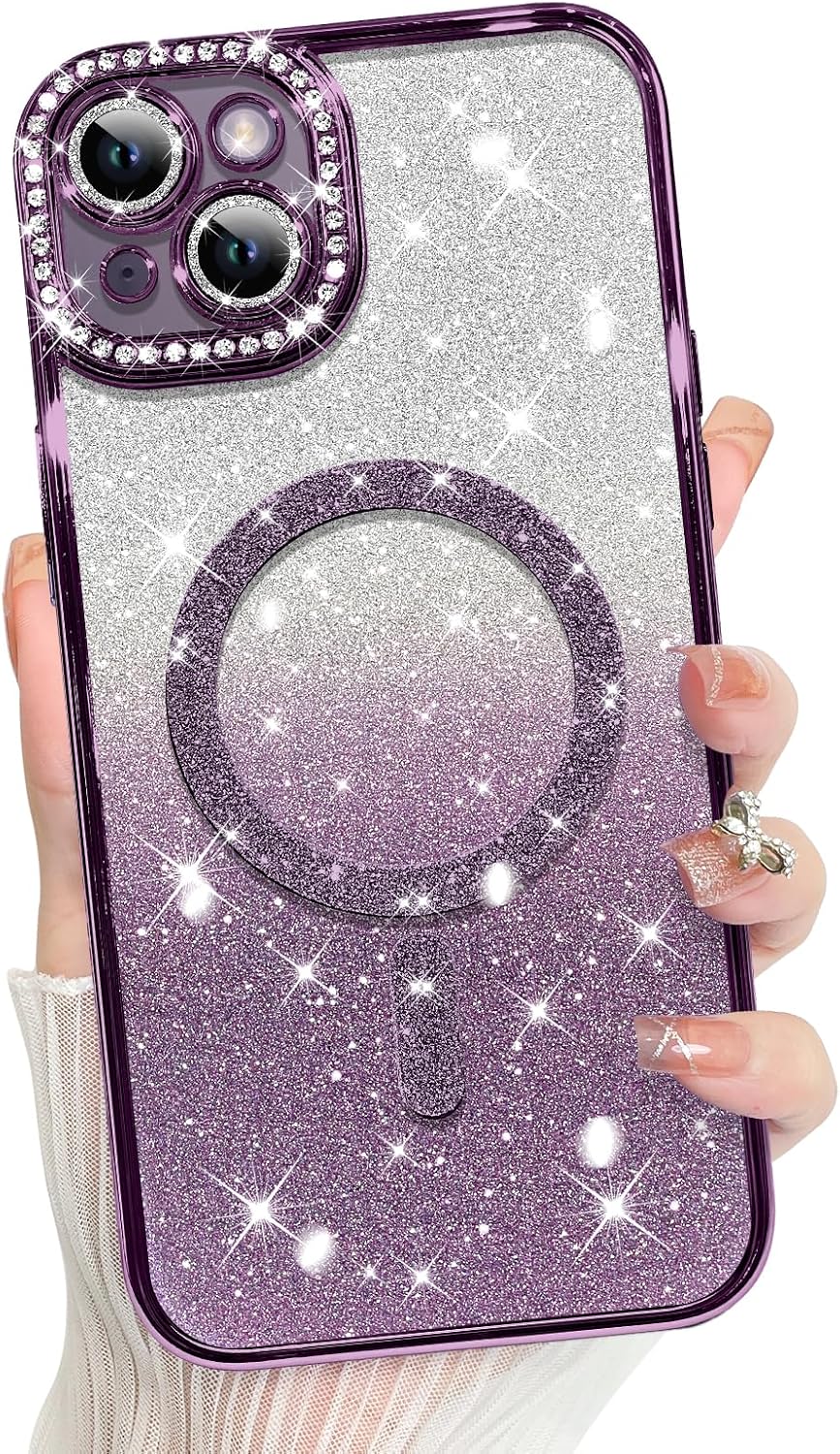 Innovatemee Compatible with iPhone 14 Case Plating Magnetic [Support for Magsafe] Bling Glitter Sparkly Back Diamond Camera Lens Cover Crystal Matte Luxury Case for Girls Women -Blue