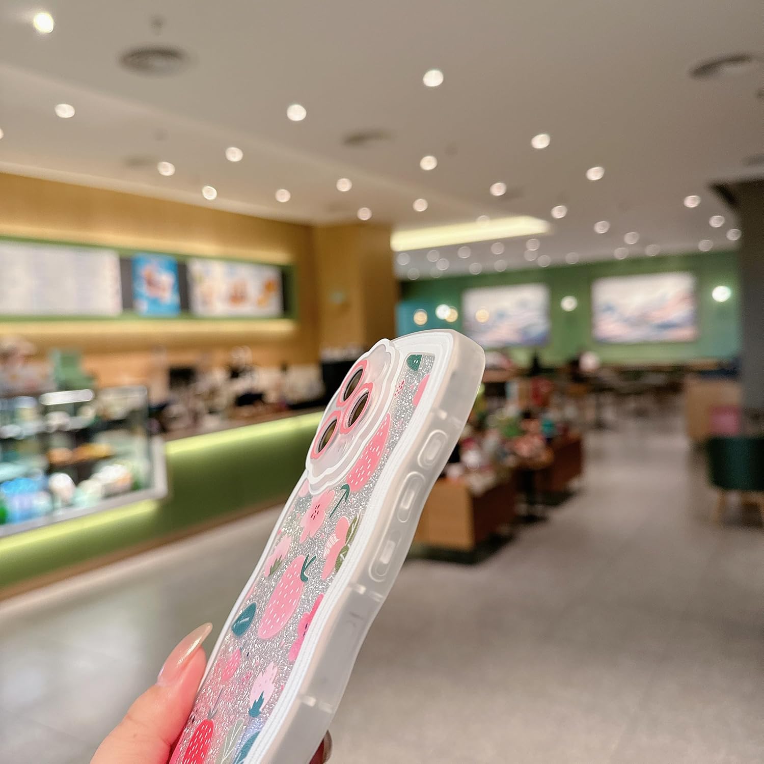 Compatible with iPhone 15plus case, cute wavy edge shell, kawaii strawberry, floral pattern with cute bracelet, made of soft, eco-friendly and durable TPU material, suitable for women and girls