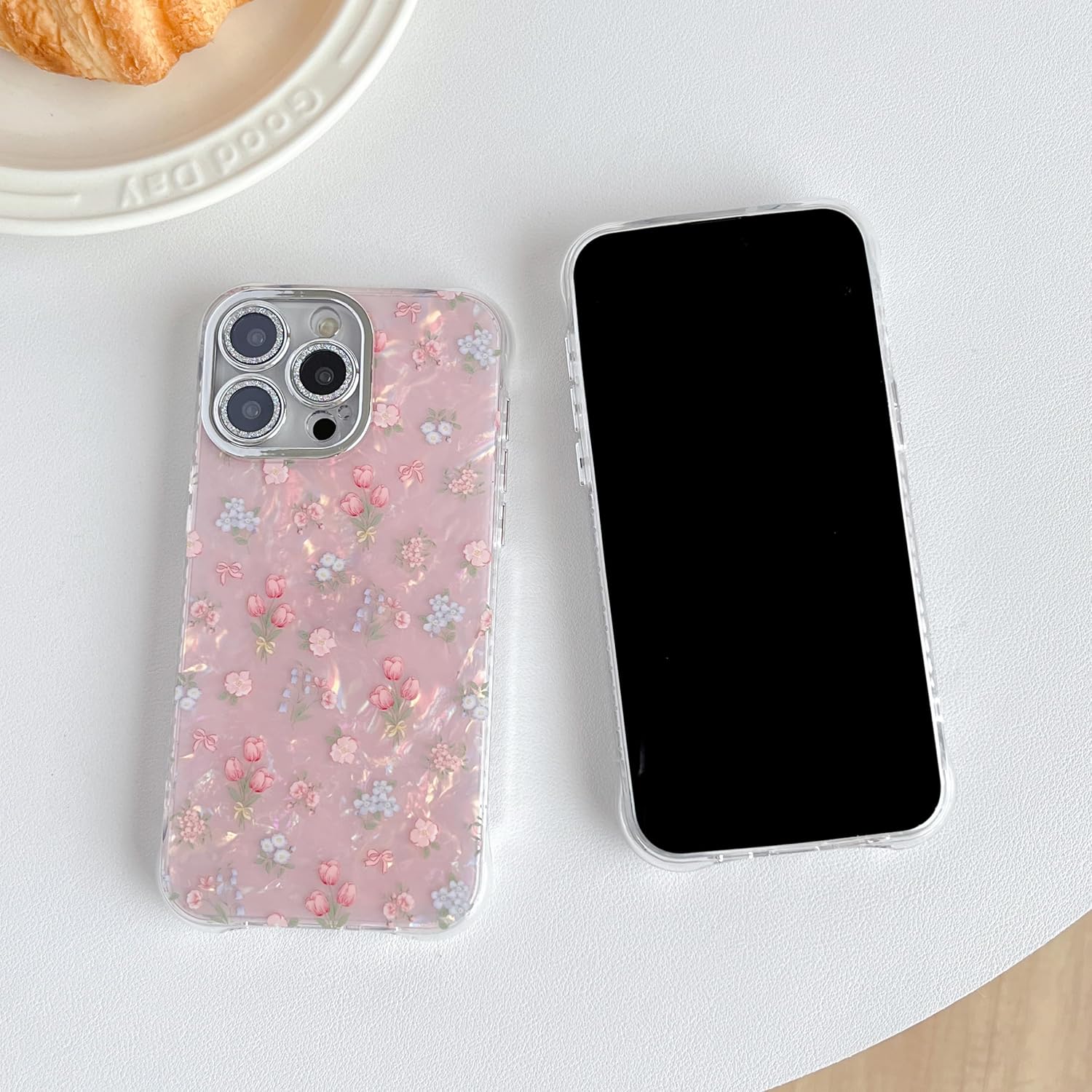 Cute Tulip Flowers Bow Shell Pattern Phone Case Compatible with iPhone Case (White,iPhone 14)